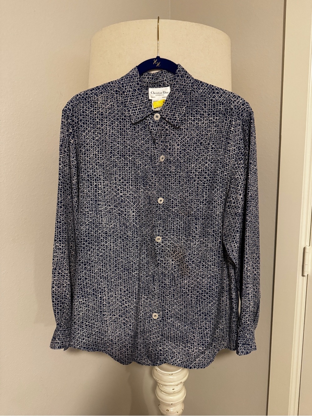 Women’s-size 12: Dior Navy Geometric Print Button-Up Shirt